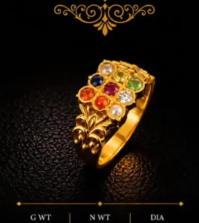 Navaratna ring photographed on black with their printed figures: gross weight 9.600, net weight 9.432, diamonds 0.09 carat