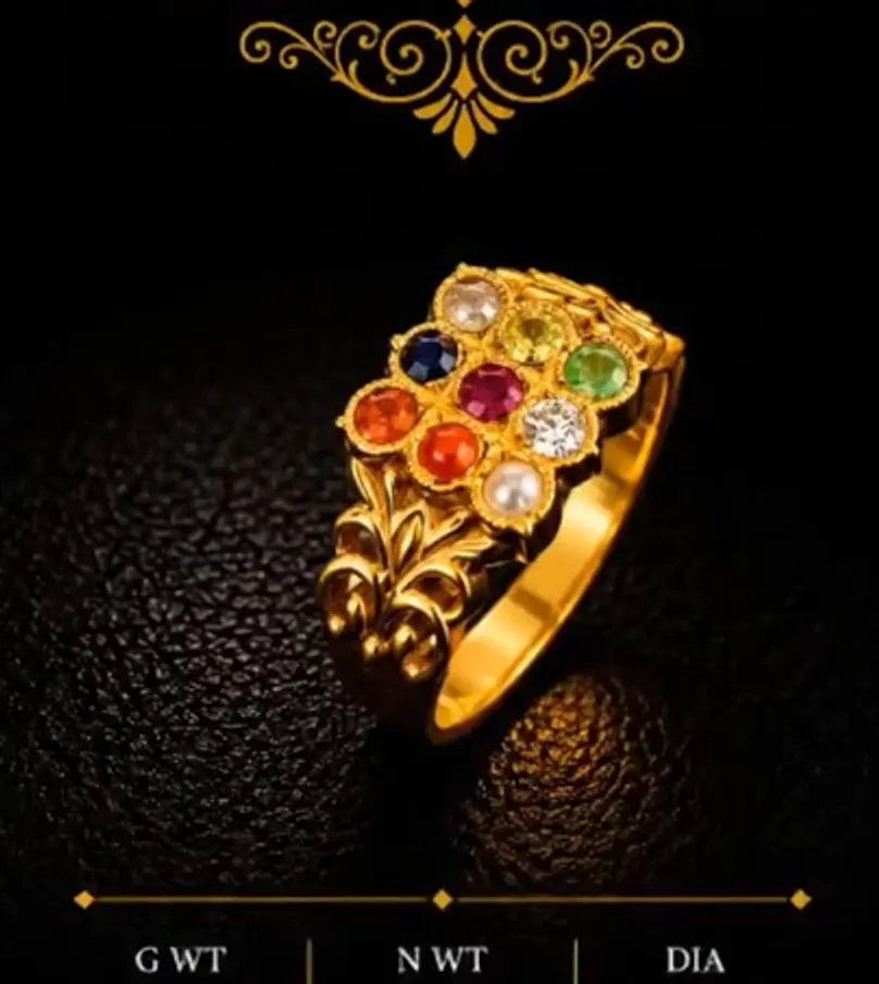 Navaratna ring on black, nine stones set in gold